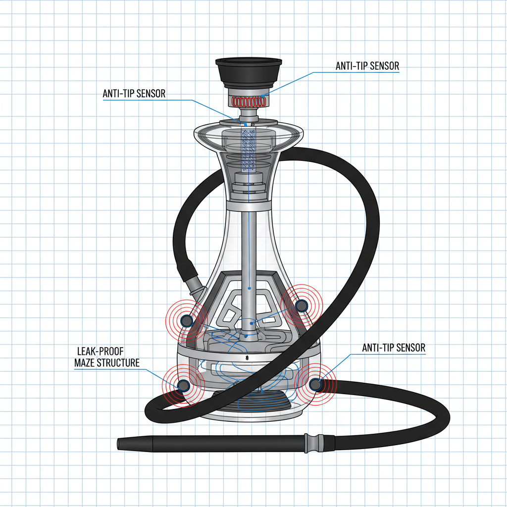 Technical diagram of an electric hookah showing the leak-proof maze structure and anti-tip sensors.