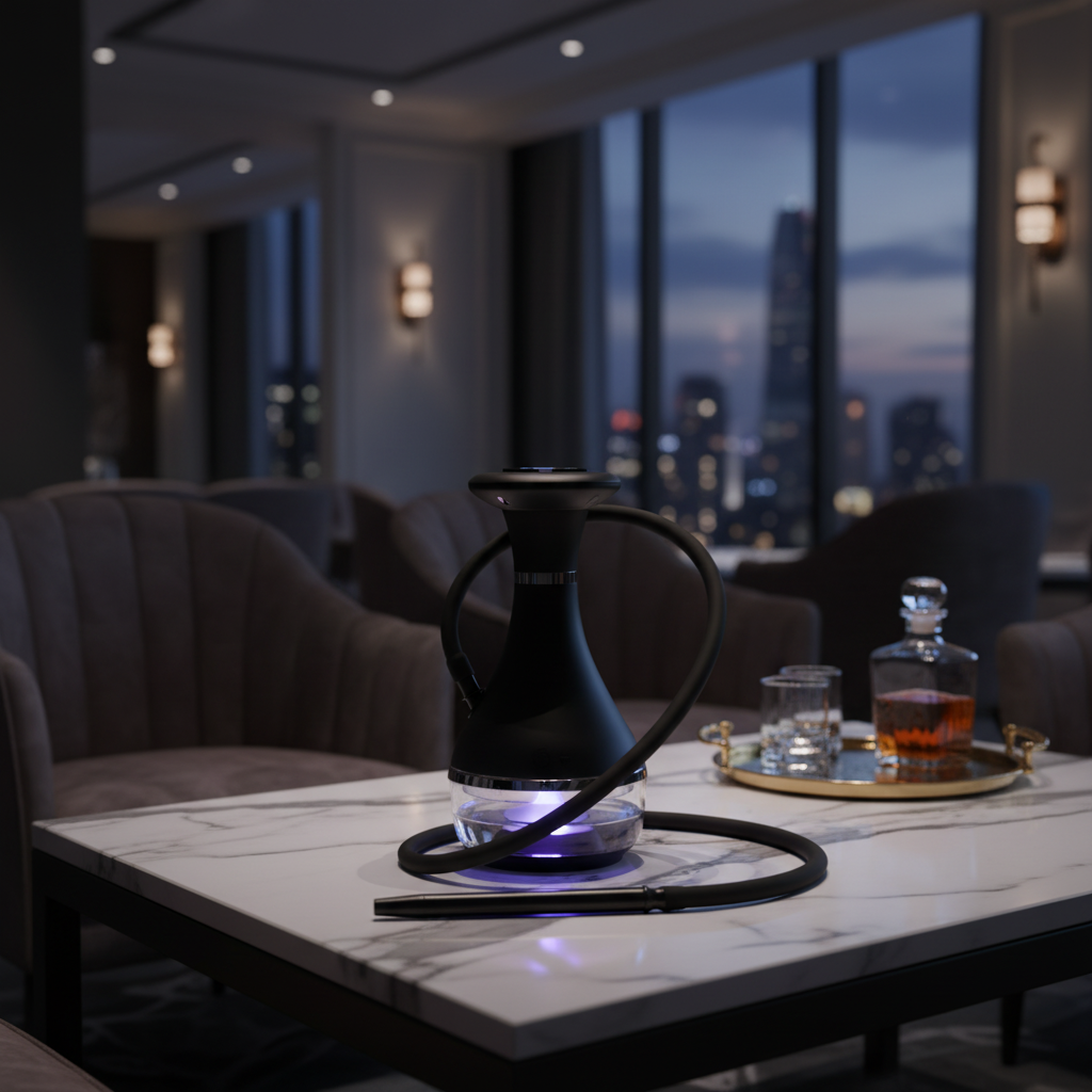 A premium electric hookah placed on a marble table in a 5-star hotel lounge, glowing subtly in a low-light setting.