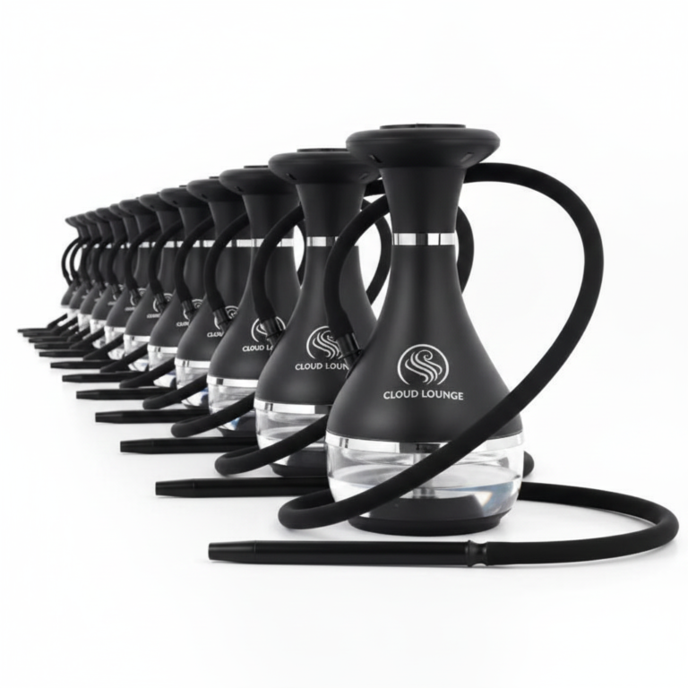 A line of custom branded electric hookahs with a lounge logo, ready for B2B wholesale distribution.
