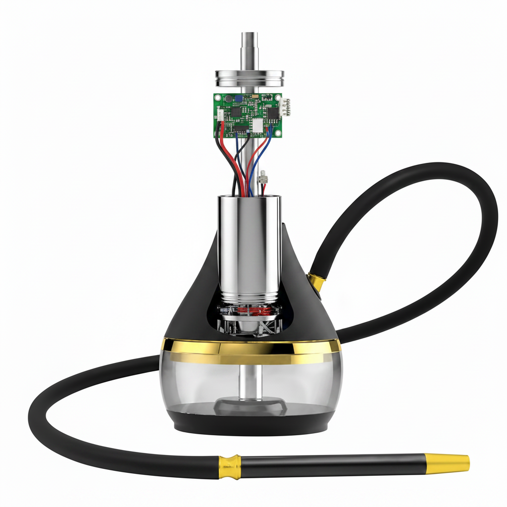 High-tech electric hookah heating element showing internal circuitry and 304 stainless steel housing.