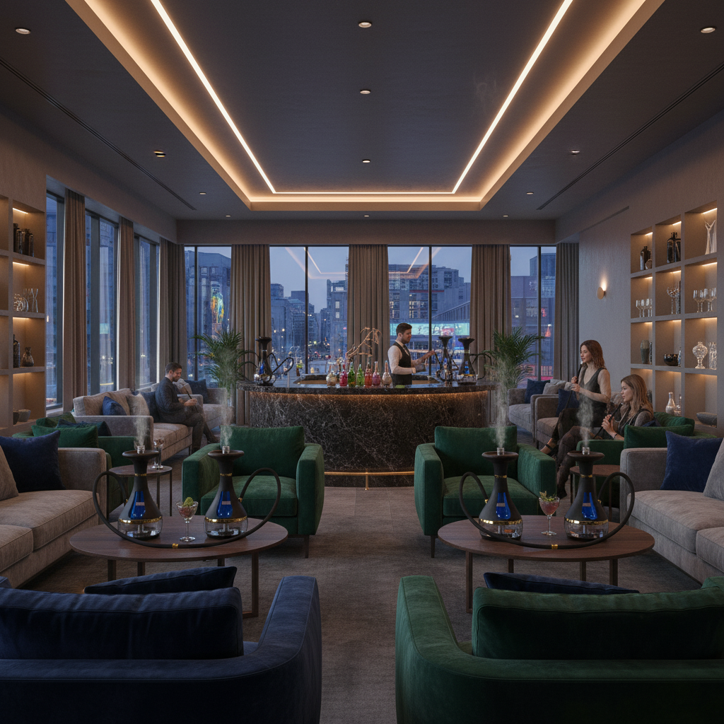 A modern, upscale hookah lounge utilizing coal-free electric hookah systems for a clean, smoke-free environment.