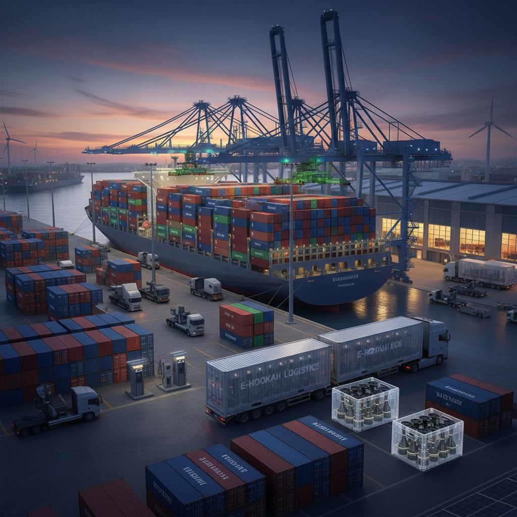A large container ship at a modern port representing the global logistics of importing electric hookahs.