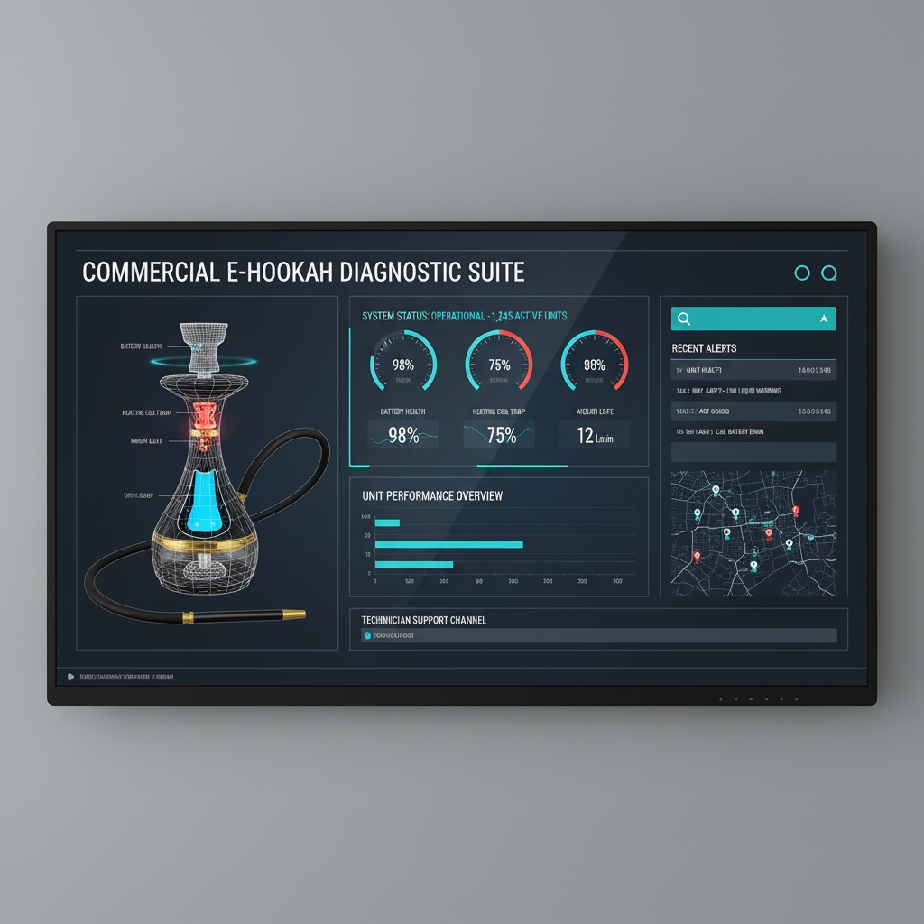 A professional technical support dashboard showing real-time diagnostic data for commercial electric hookahs.