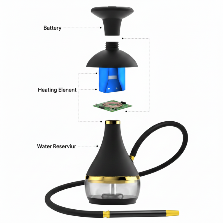 Exploded view of a modular electric hookah showing the separate battery, heating, and control components.