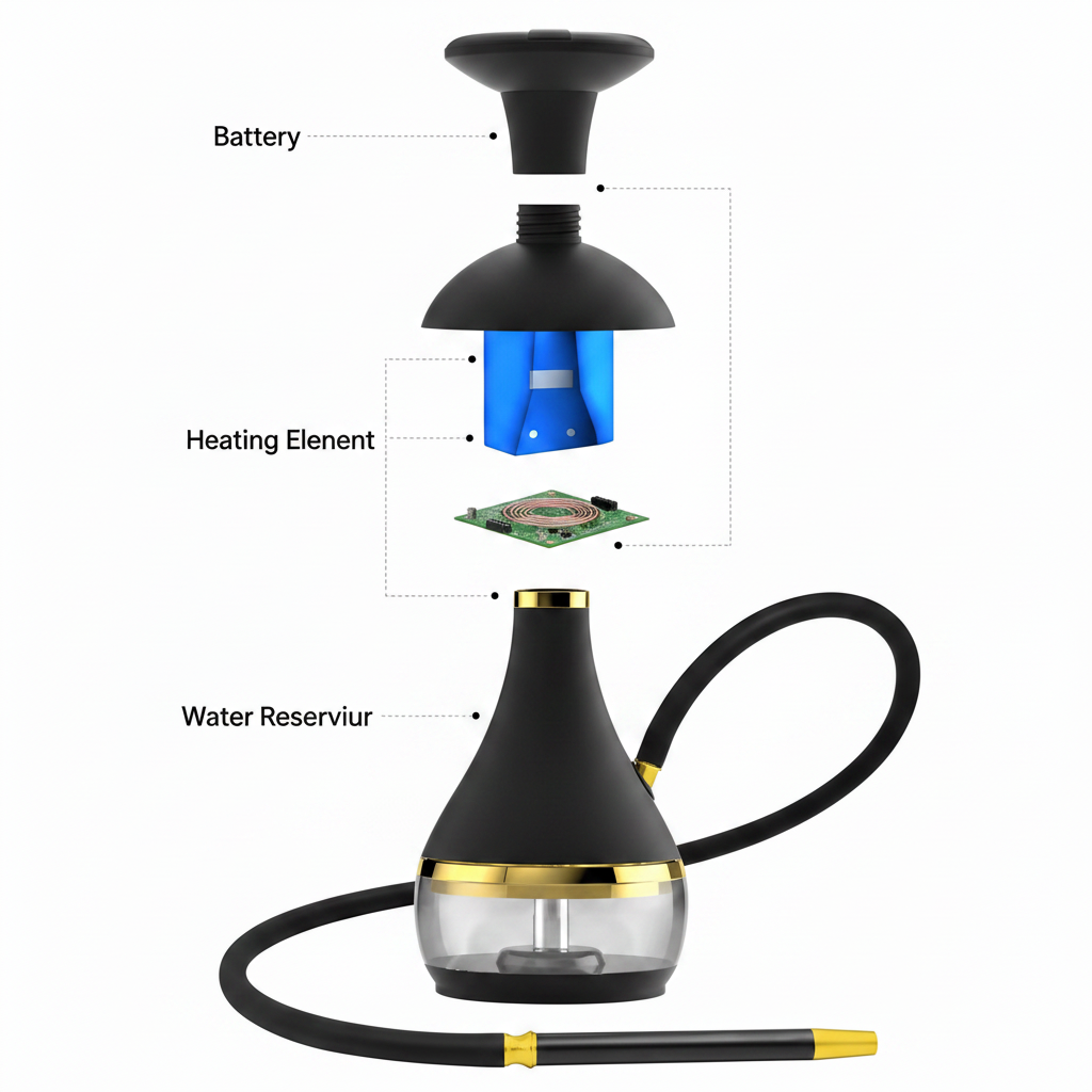 Exploded view of a modular electric hookah showing the separate battery, heating, and control components.