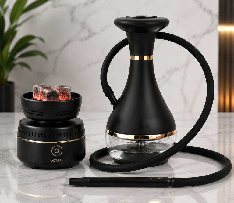 Modern e-hookah pod system and electric charcoal head side by side on a clean marble surface