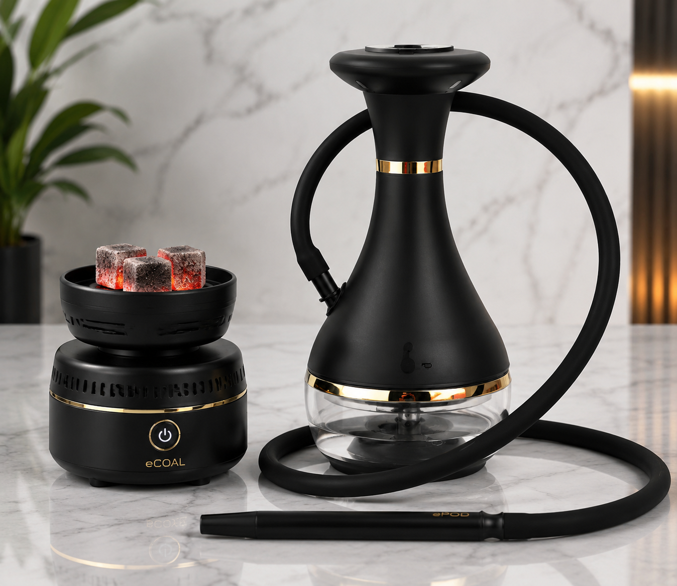 Modern e-hookah pod system and electric charcoal head side by side on a clean marble surface