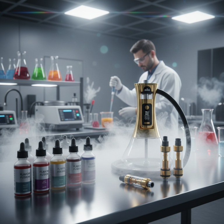 Professional laboratory setting showing premium e-liquid bottles and electric hookah pods with vapor clouds