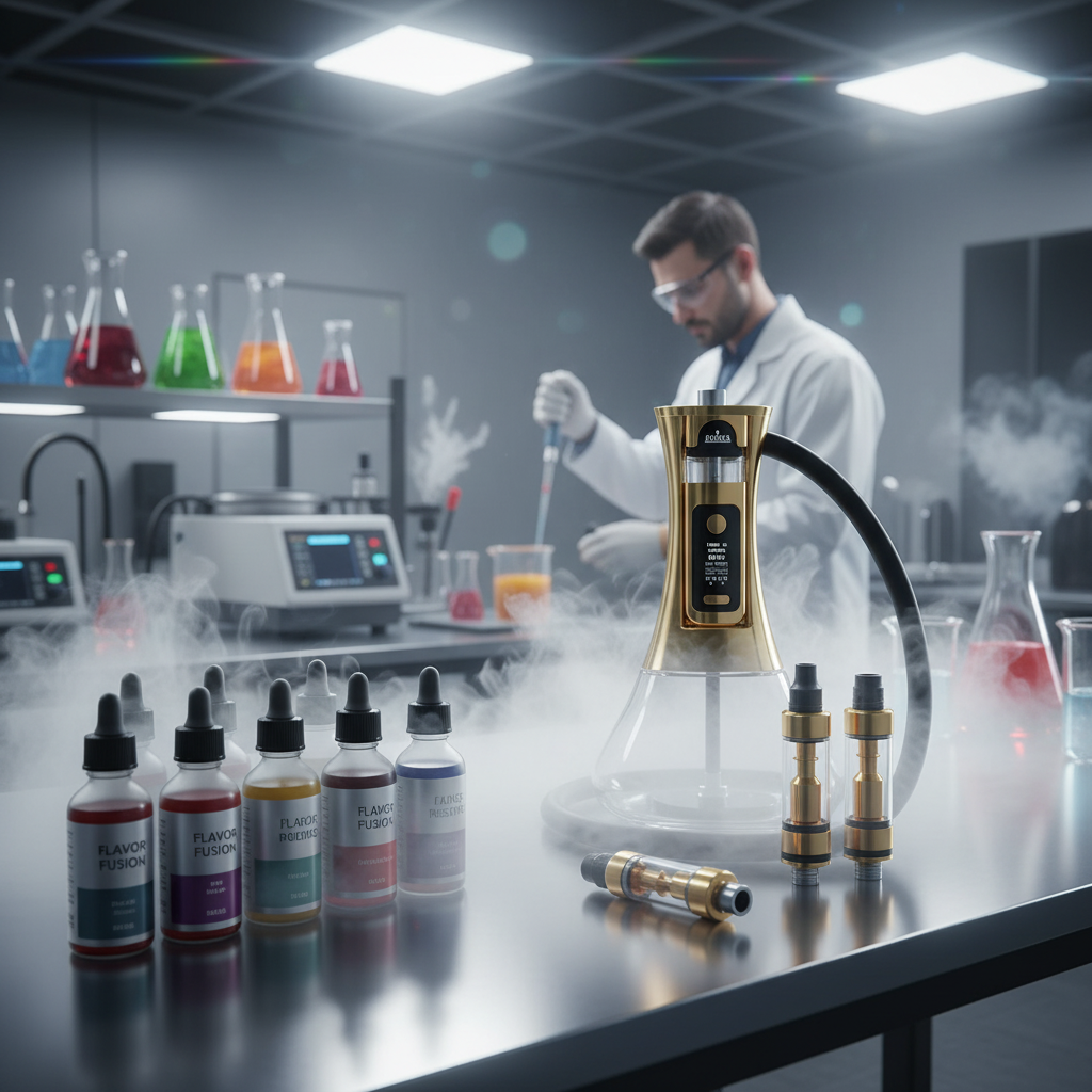 Professional laboratory setting showing premium e-liquid bottles and electric hookah pods with vapor clouds