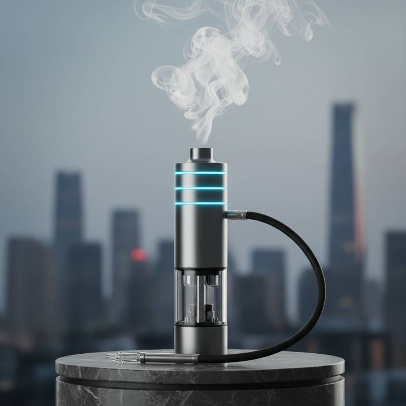 Modern electric shisha device with glowing LED rings and vapor