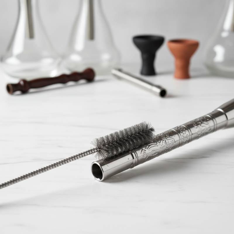 Hookah stem brush scrubbing the inside of a metal pipe