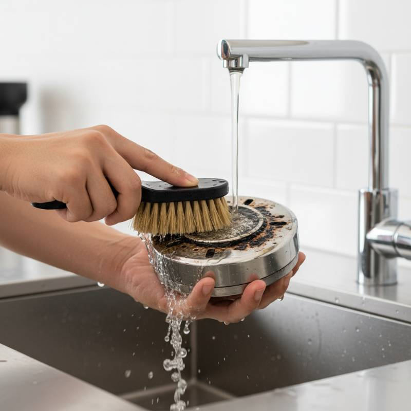 Stainless steel heat management device being scrubbed clean