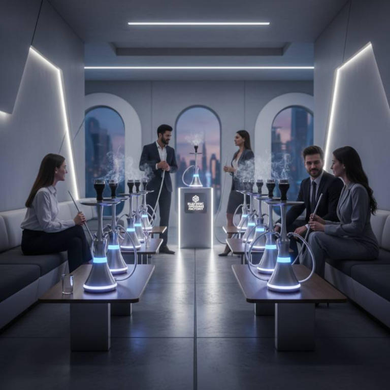 A sleek, modern hookah lounge featuring premium electric hookah systems on tables with no coal smoke.