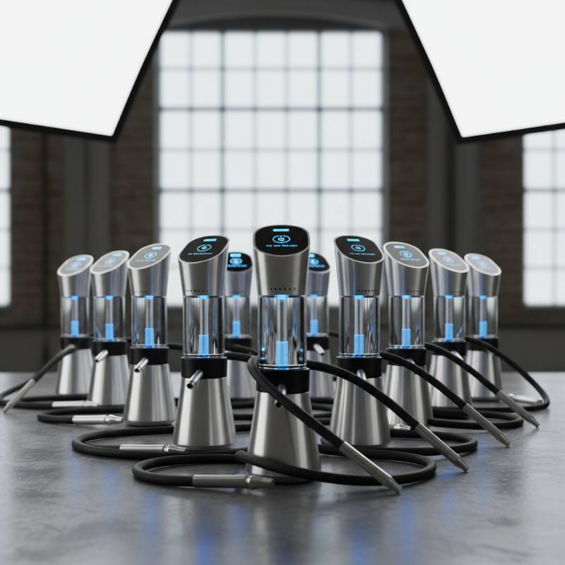 A line of custom branded electric hookahs with a lounge logo, ready for B2B wholesale distribution.
