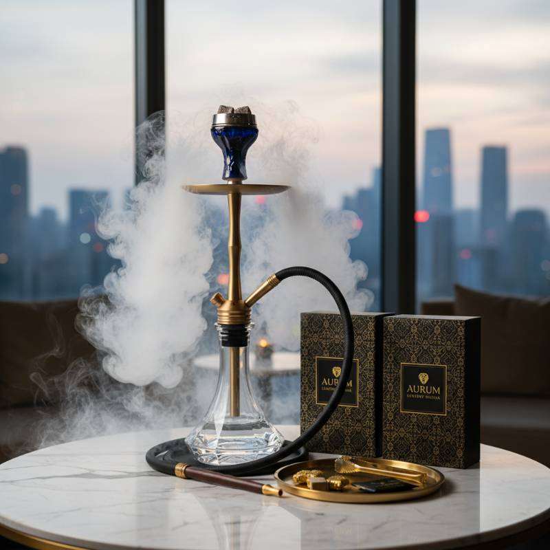 Luxury hookah setup on a marble table with thick white smoke clouds and premium branding