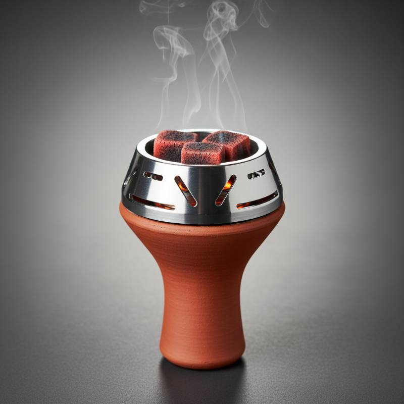 A modern heat management device (HMD) sitting on a clay phunnel bowl with glowing coals