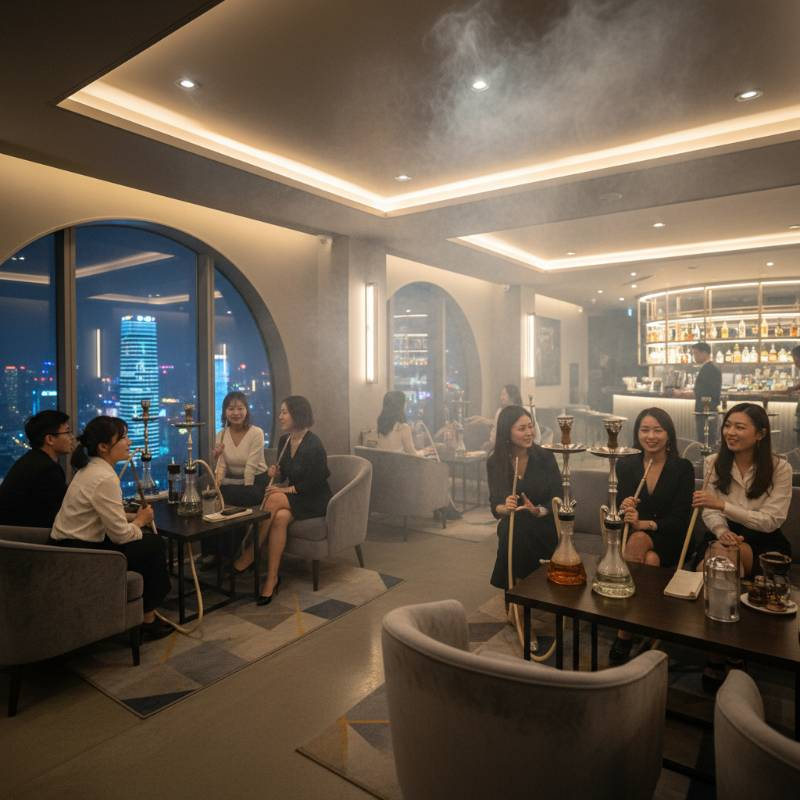 Aesthetic hookah lounge with dense vapor
