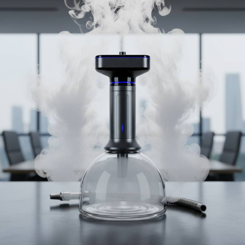 A close-up shot of a sleek, modern E-HMD sitting atop a glass hookah base with thick white vapor.