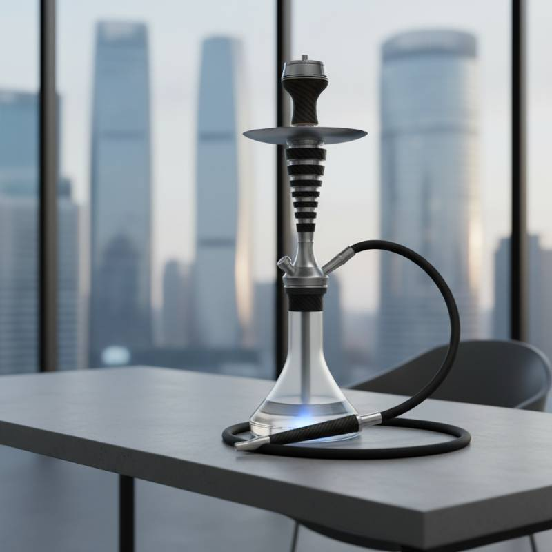  Luxury modern shisha set made of stainless steel and carbon fiber on a minimalist desk