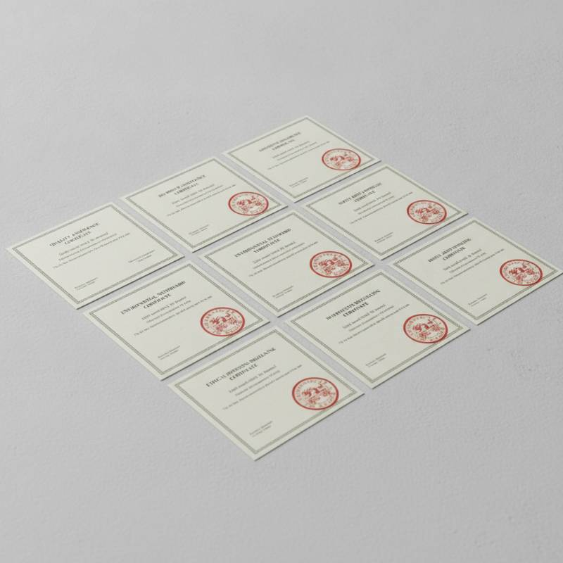 Verified compliance certificate thumbnails with official stamps