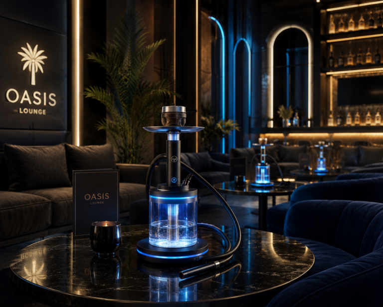 Modern luxury hookah lounge with sleek electric hookah devices on tables