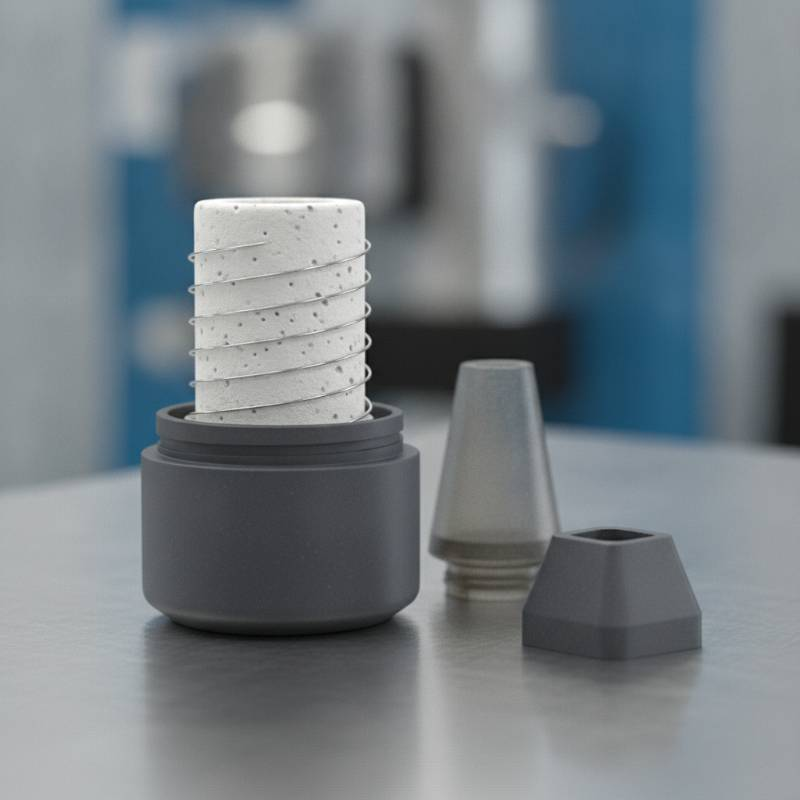 Close up of high-quality ceramic heating element and PCR plastic components for electric hookah