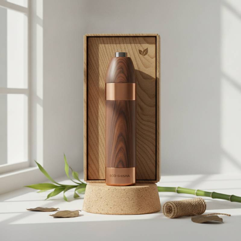 Premium branded eco-friendly electric hookah in sustainable wood-style packaging