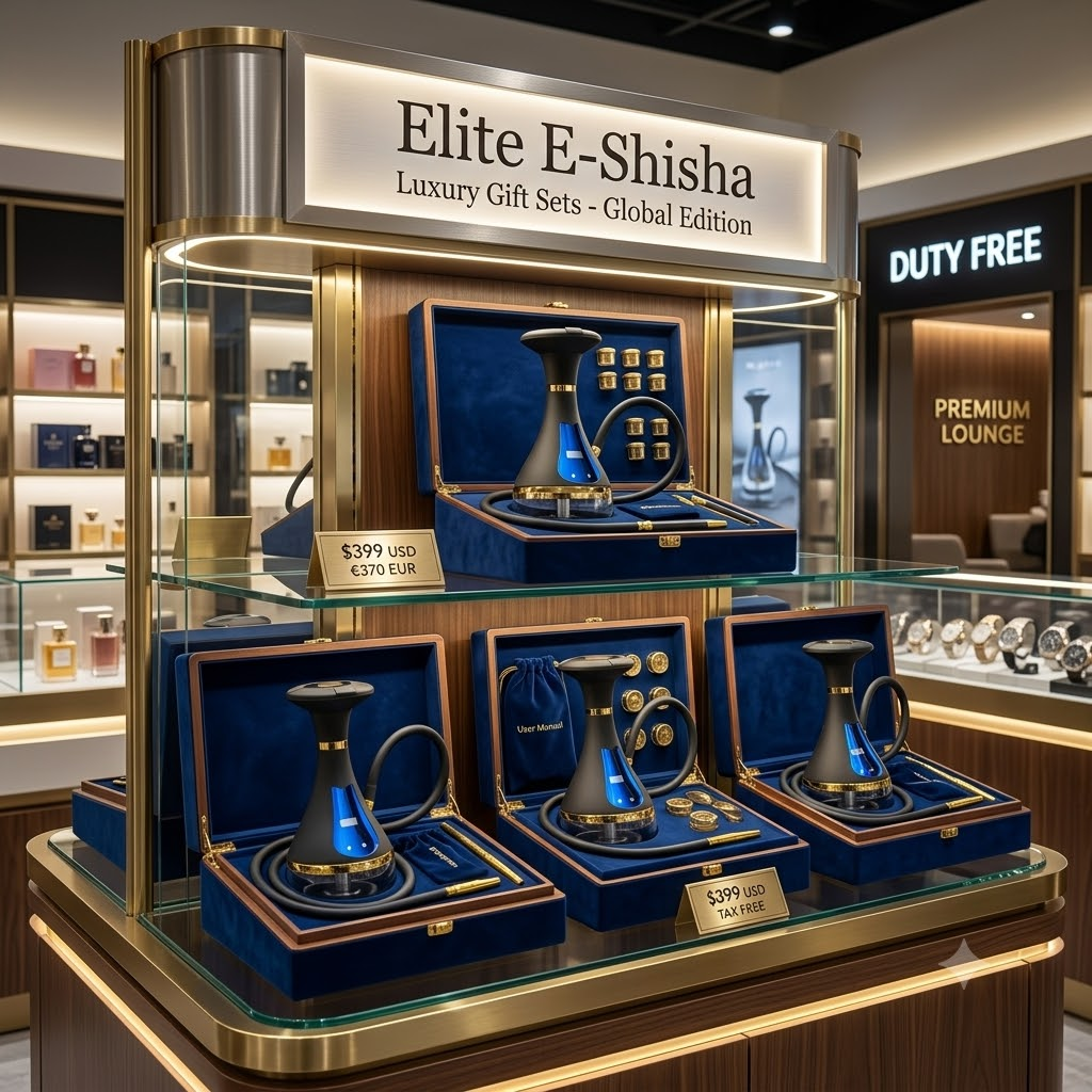 Luxury airport duty free display showing electric hookah gift sets