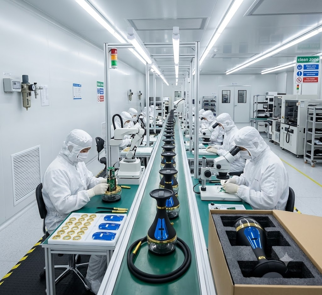 A manufacturing line for electronic hookah devices in a clean room