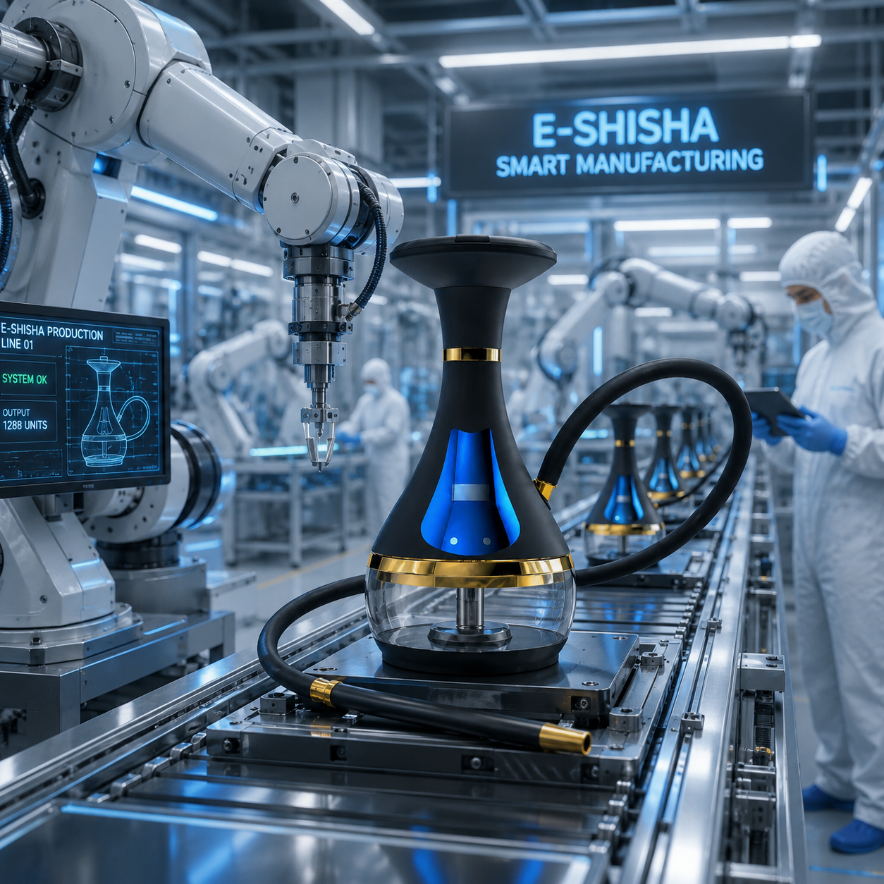 High-tech e-shisha manufacturing facility with robotic arms and cleanroom environment