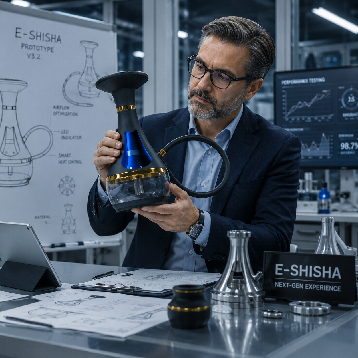 Professional factory director inspecting a new e-shisha prototype in a laboratory