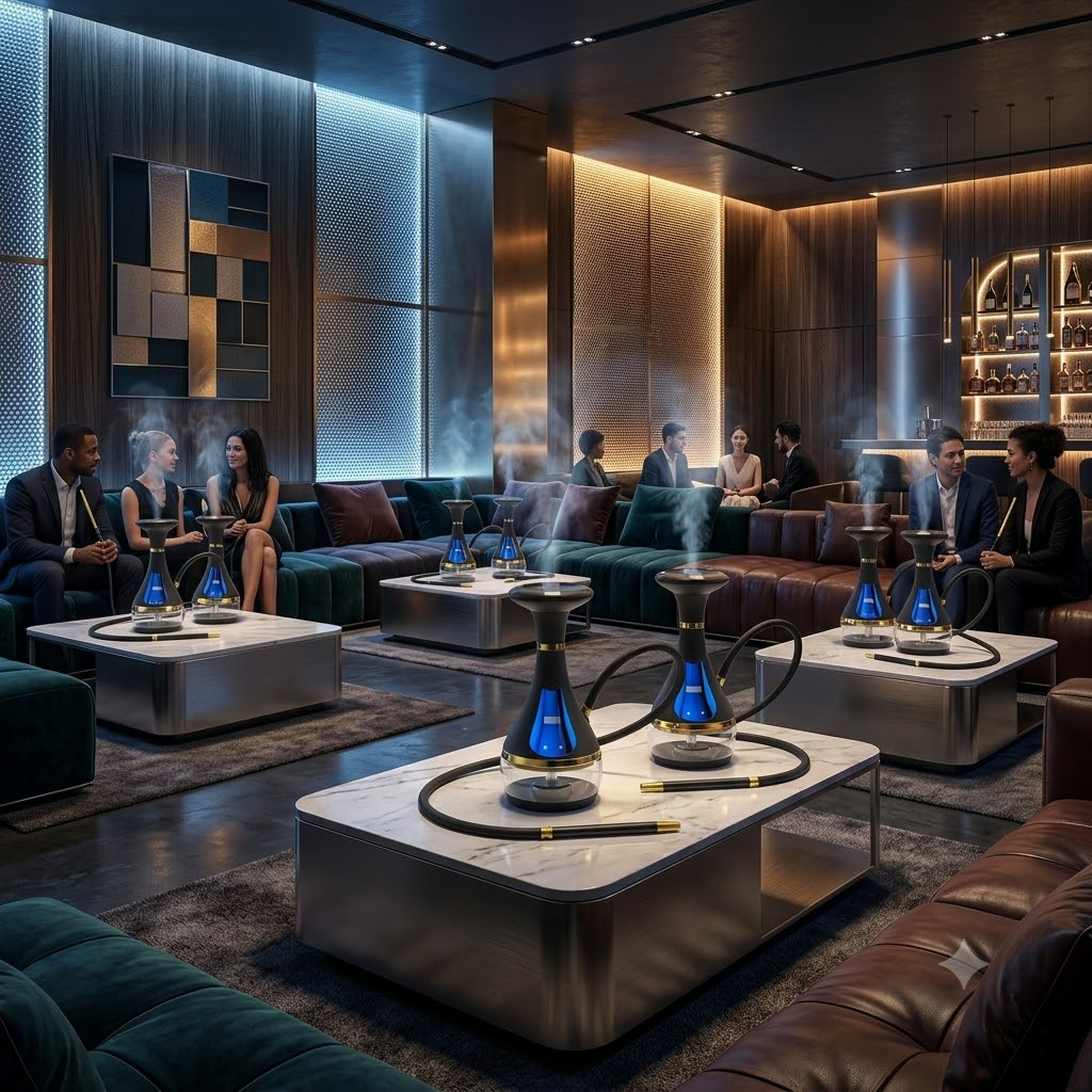 Modern luxury hookah lounge with sleek electronic shisha devices on tables