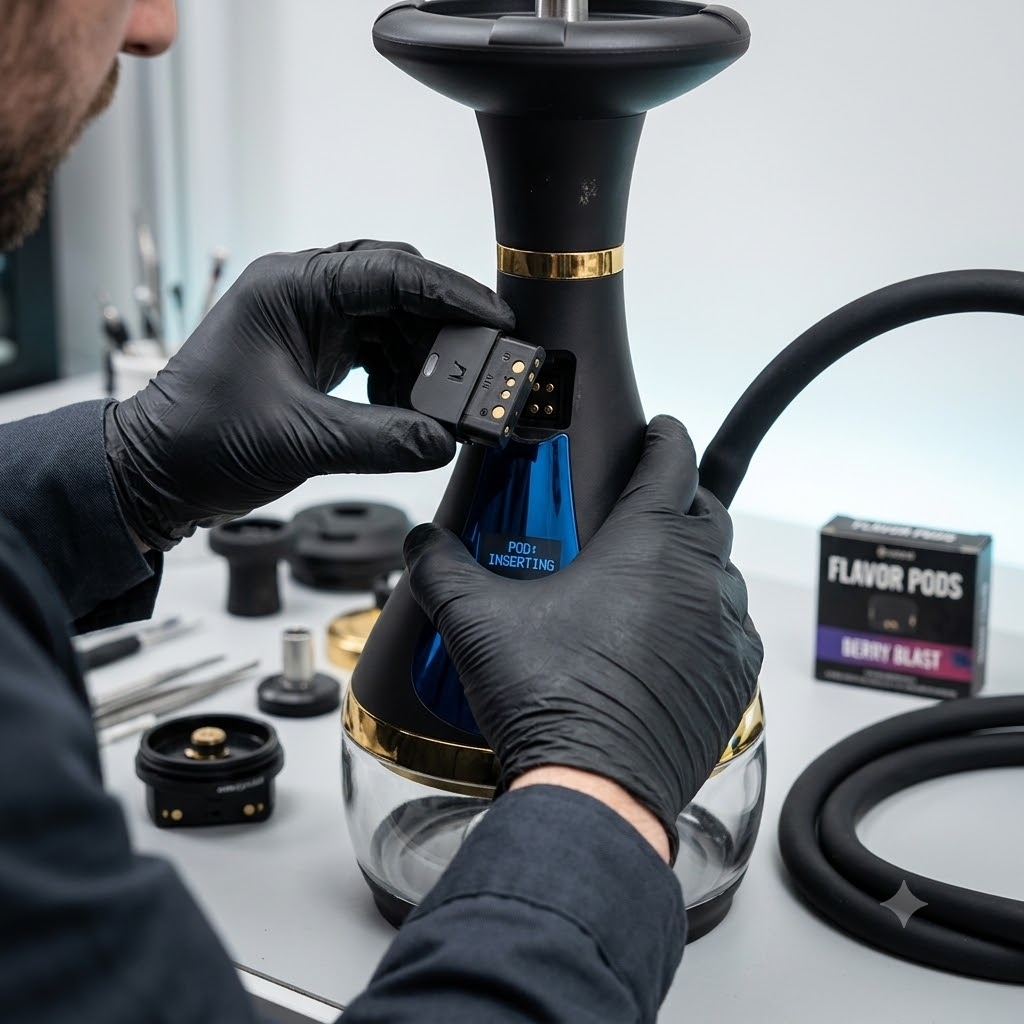 Close up of a technician swapping a flavor pod in a commercial e-hookah