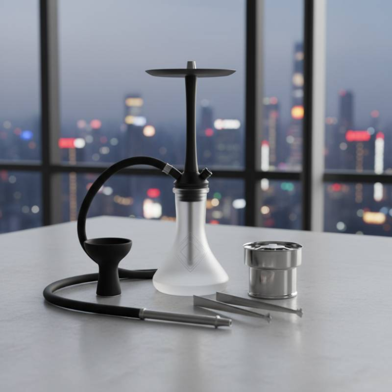 A complete shisha starter kit with bowl, hose, tongs, and HMD neatly arranged