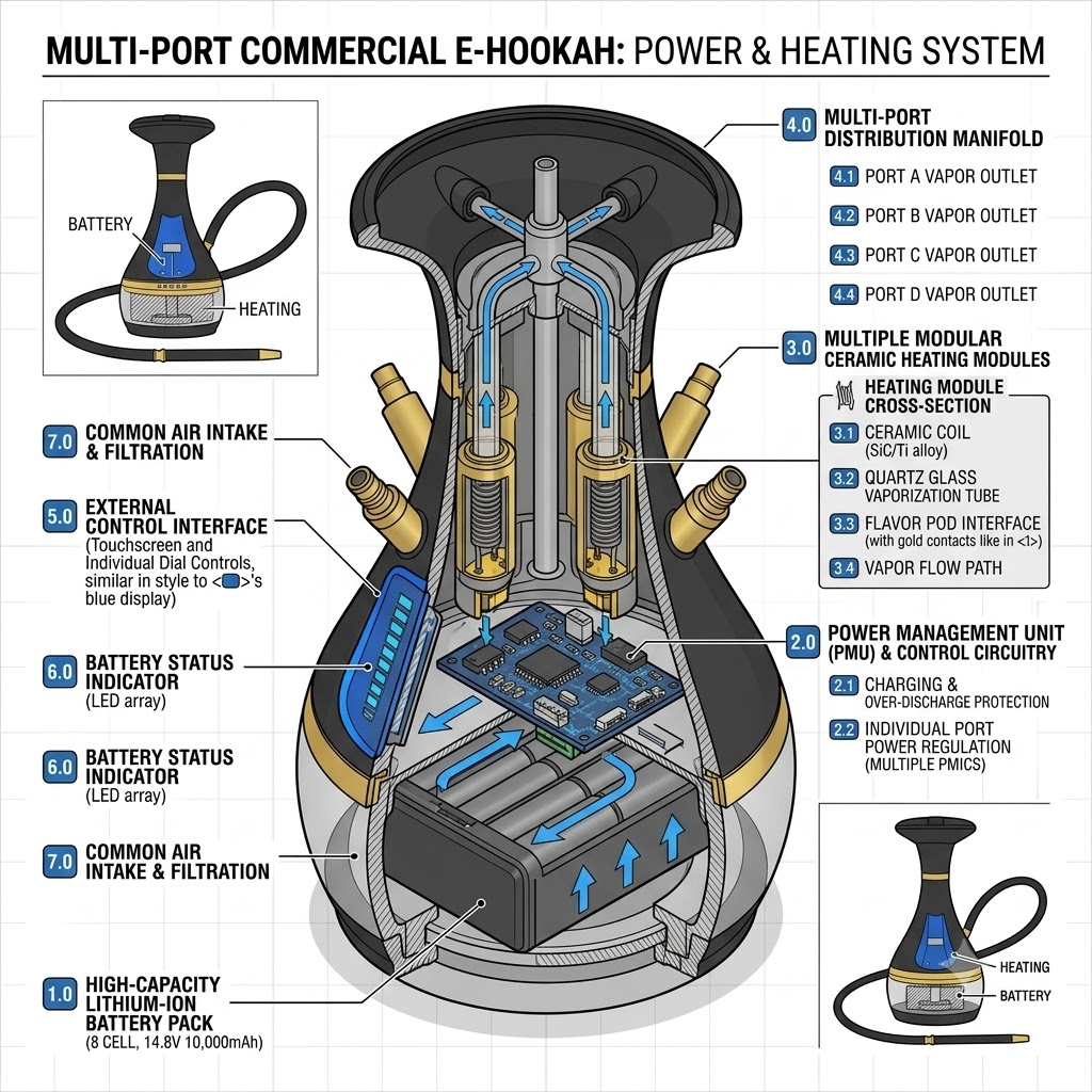 Technical diagram of a multi-port commercial electric hookah battery and heating element