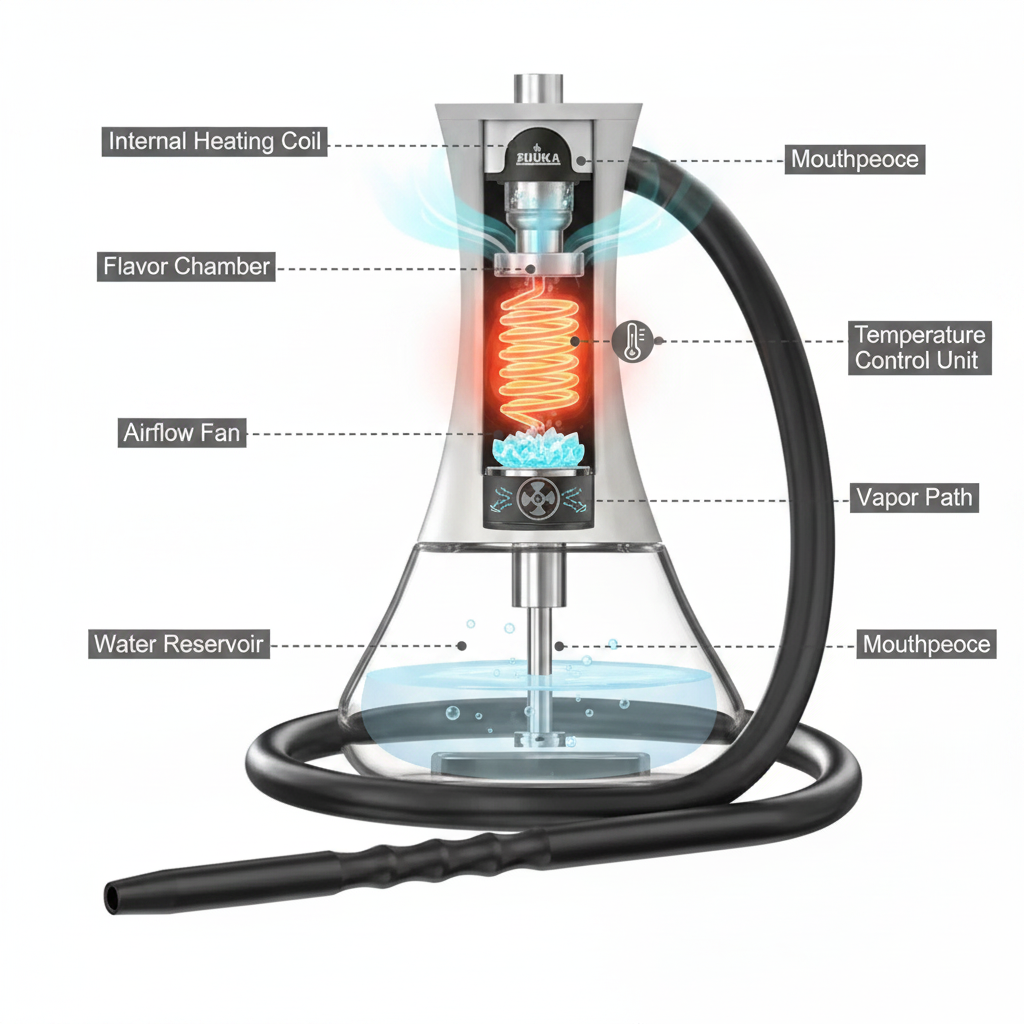 Infographic showing internal heating coil of an electric shisha