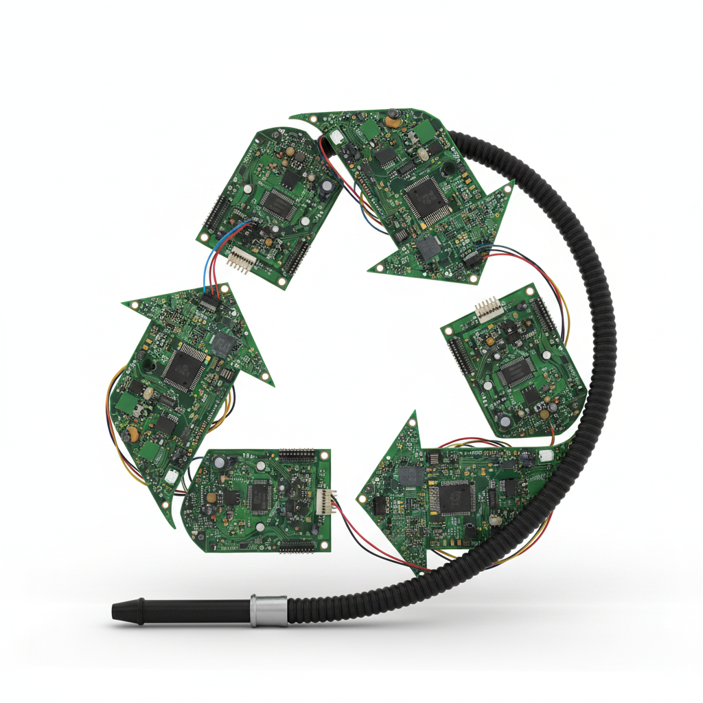 Recycling symbol made of electronic circuit parts and shisha hoses