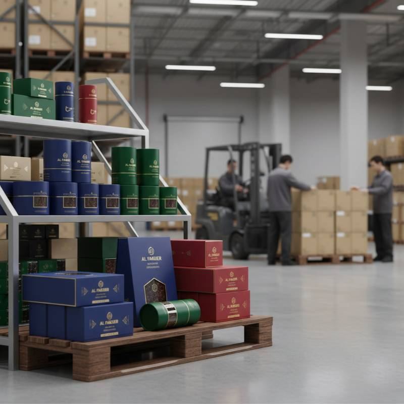 Premium shisha tobacco packaging in a modern warehouse setting