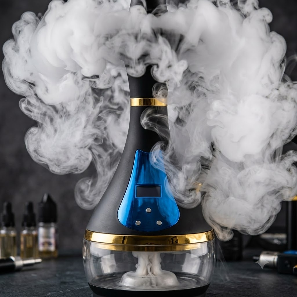 Close up of a sub-ohm electric hookah producing thick vapor