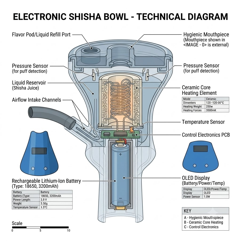 Electronic shisha bowl technical diagram showing ceramic core and battery
