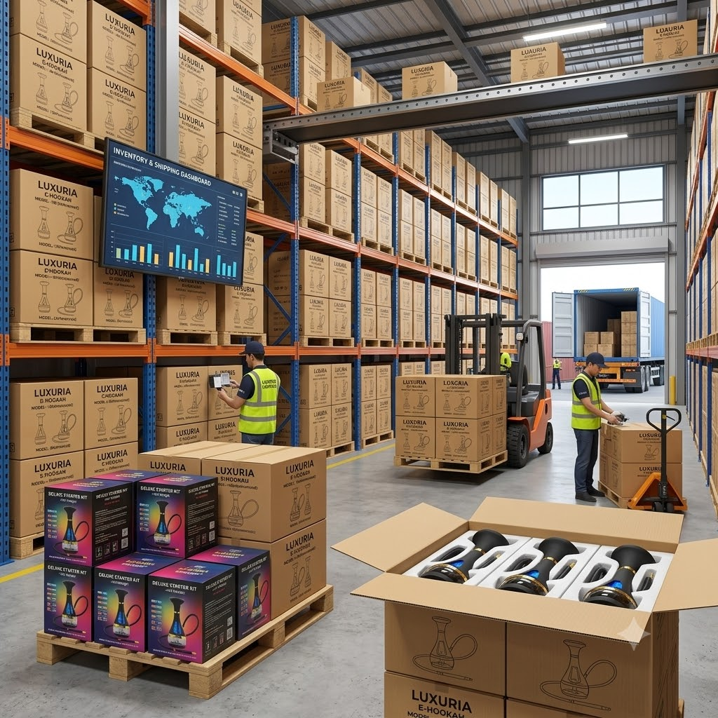 Electric Hookah Factory shipping boxes and warehouse logistics