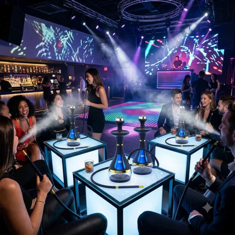 Modern nightclub interior with electric hookahs on tables