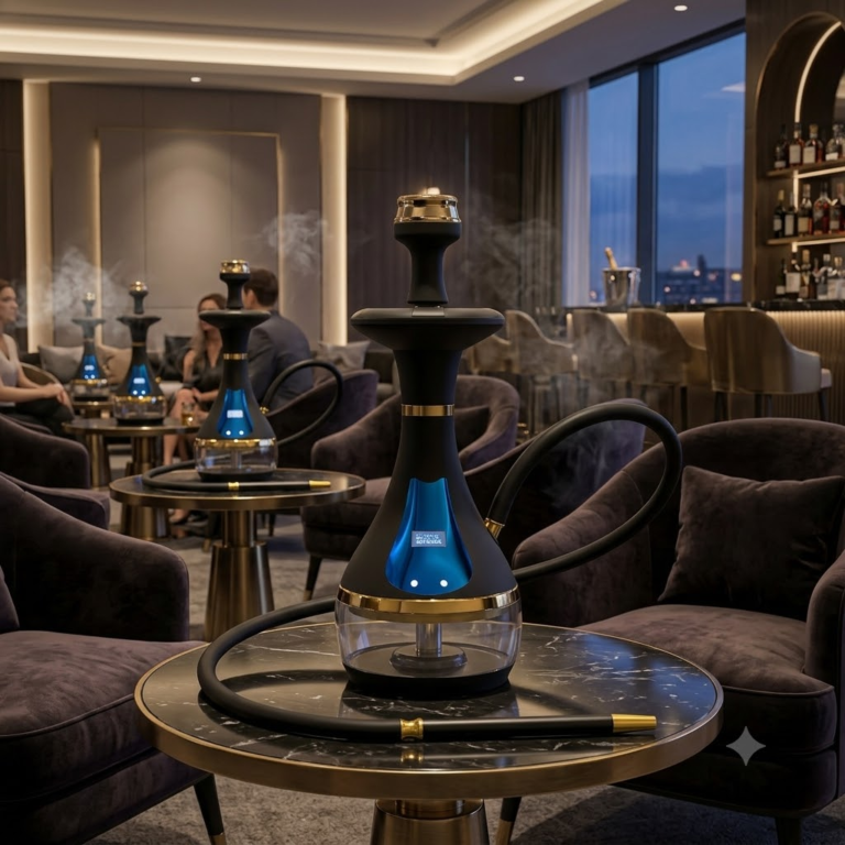 Luxury hotel lounge with modern electric hookahs on tables