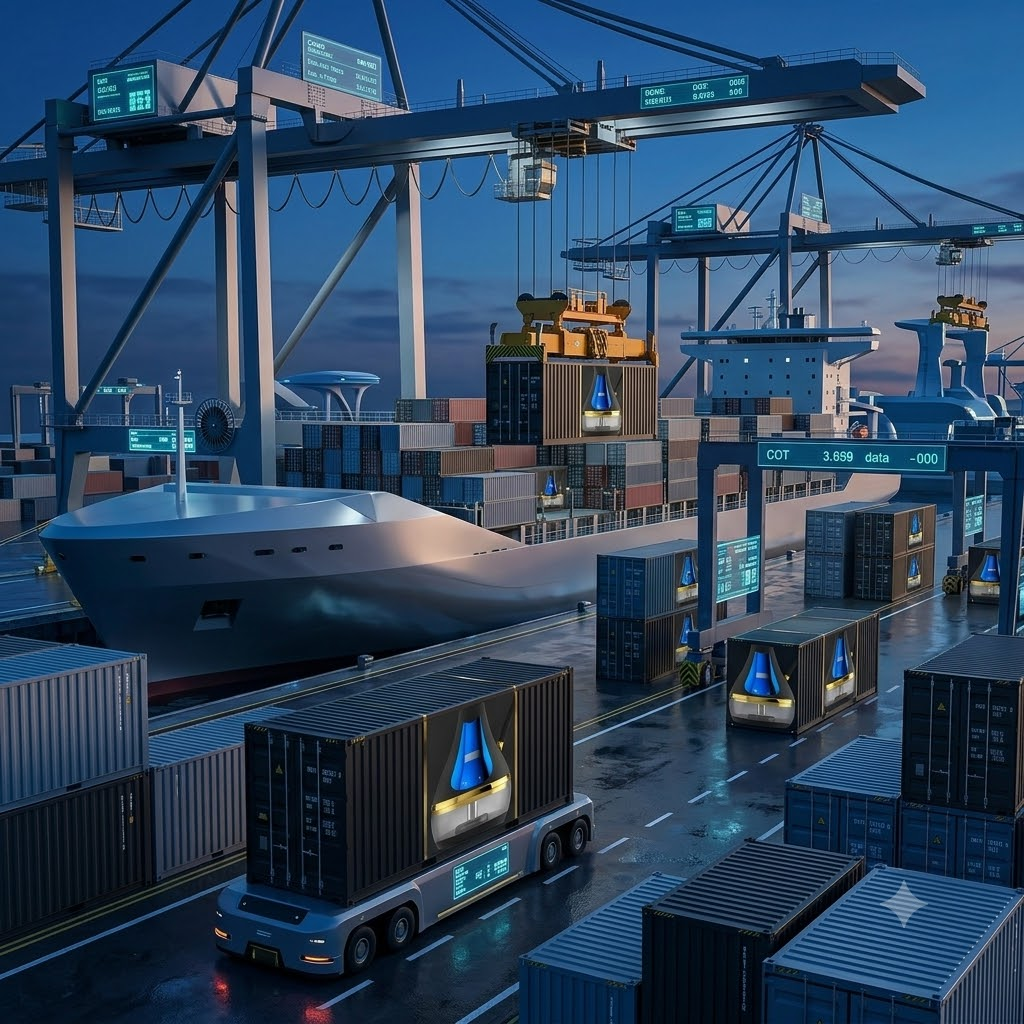 Shipping containers being loaded at a high-tech port