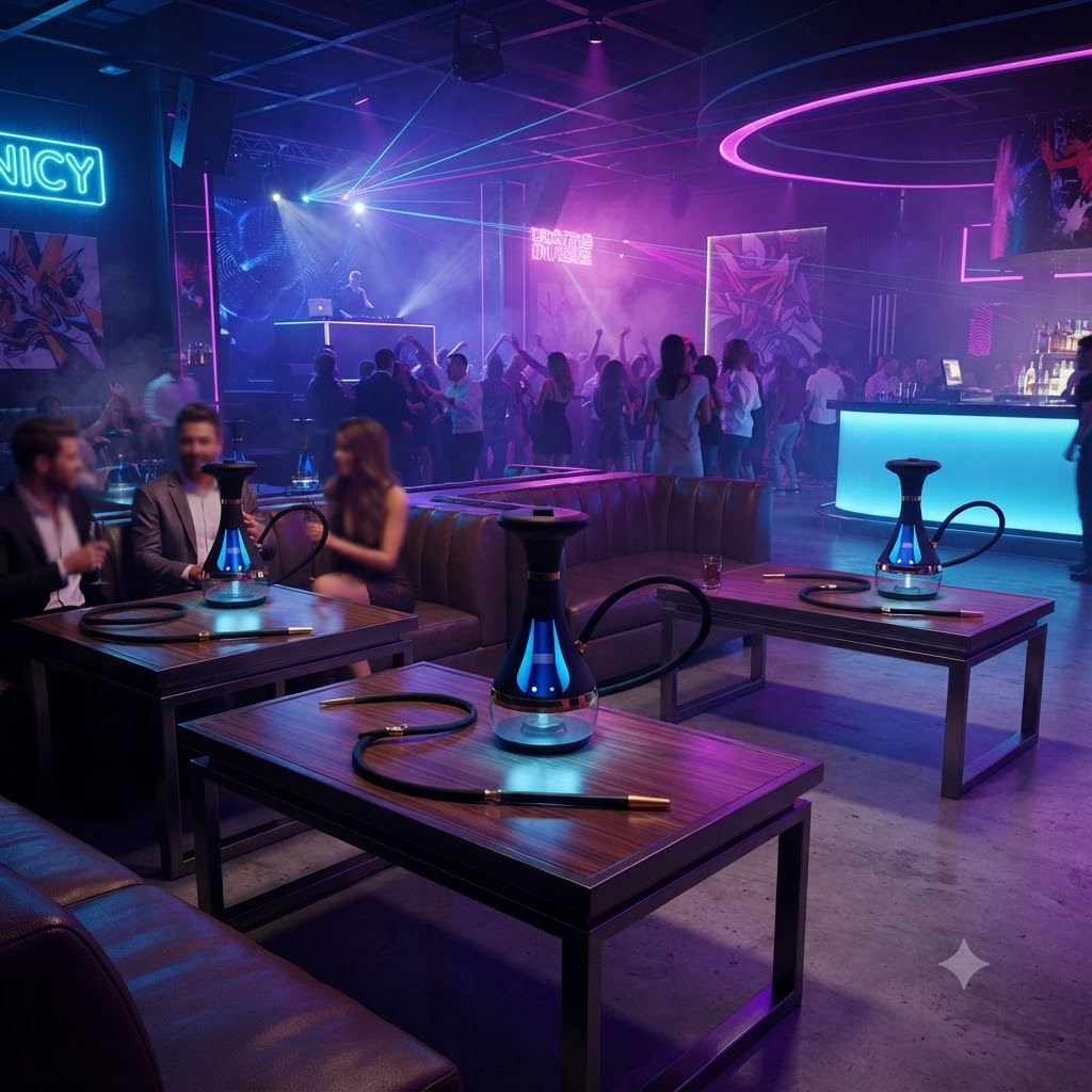 Modern nightclub interior with glowing electric hookahs on tables