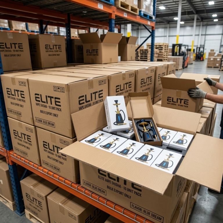 Modern e-shisha devices displayed in bulk wholesale packaging on a warehouse shelf