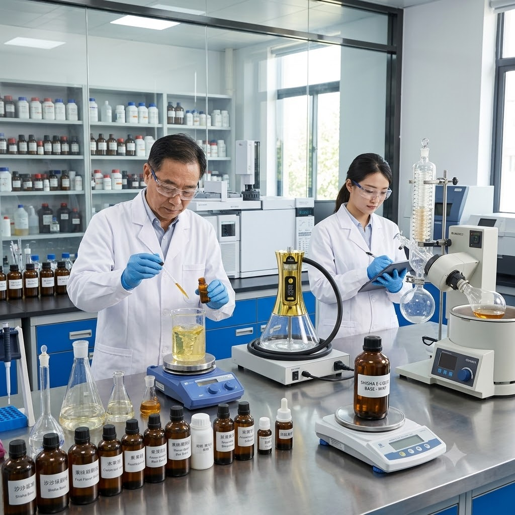 Laboratory setting with Chinese flavor scientists blending shisha e-liquid
