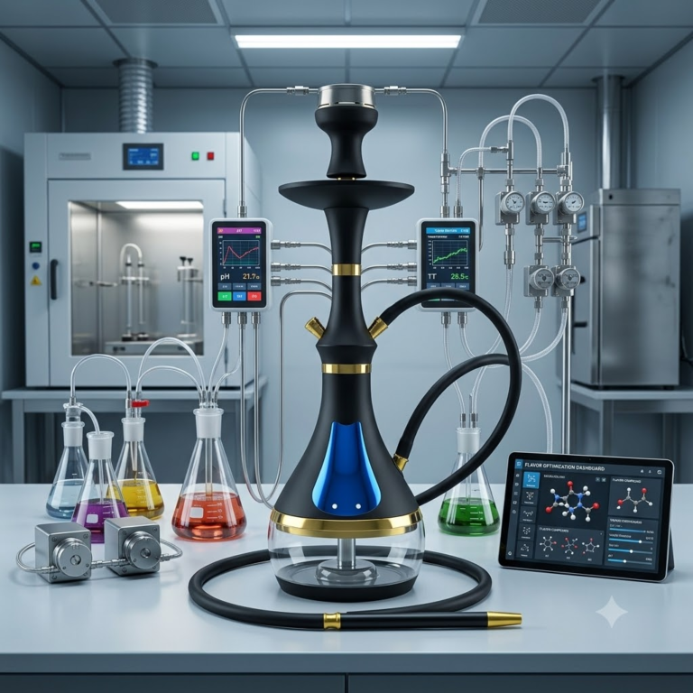 Modern flavor R&D laboratory with glass flasks and digital sensors
