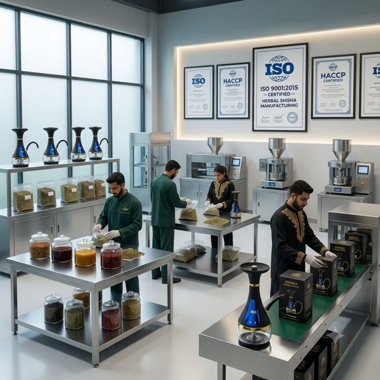 Premium herbal shisha manufacturing facility with ISO certification display