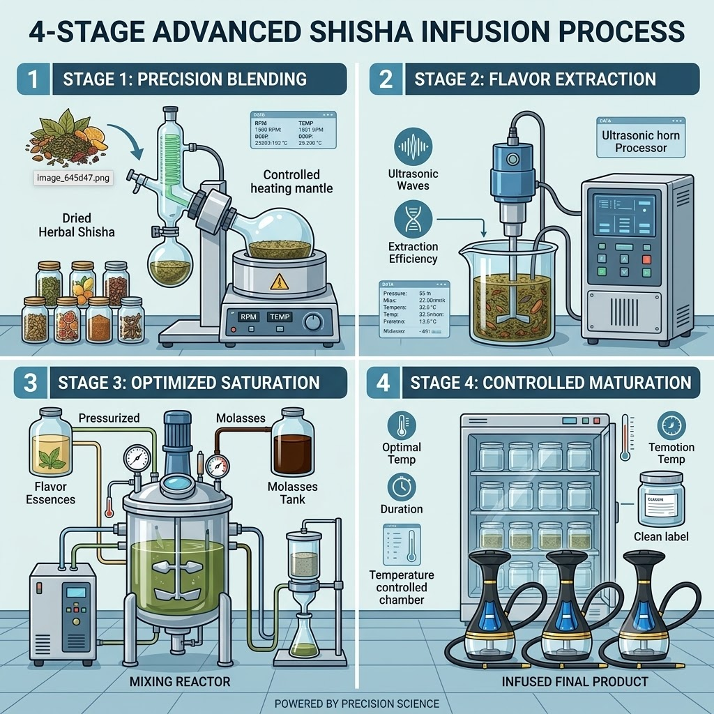 Infographic of 4-stage shisha infusion process with laboratory equipment